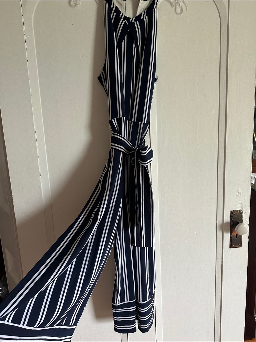 Striped Navy and White Jumpsuit with Waist Tie